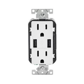 Leviton R02-T5632-0BW Combination USB Receptacle, White, 2-Pole, 3.1 A USB, 15 A Receptacle, 2-USB Port