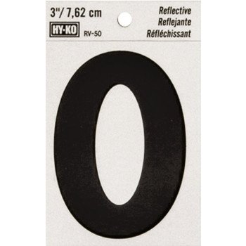 Hy-Ko RV-50/0 Reflective Sign, Character: 0, 3 in H Character, Black Character, Silver Background, Vinyl