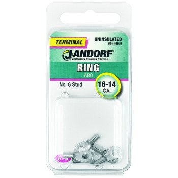 Jandorf 60966 Ring Terminal, 16 to 14 AWG Wire, #6 Stud, Copper Contact