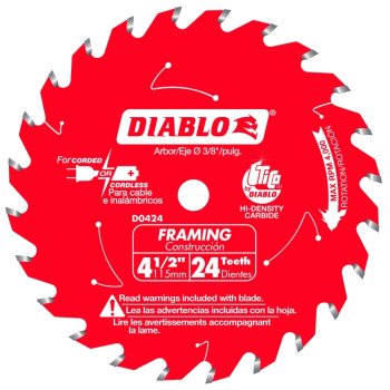 Diablo D0424X Saw Blade, 4-1/2 in Dia, 3/8 in Arbor, 24-Teeth, Applicable Materials: Wood