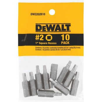 DEWALT DW2202B10 Insert Bit Tip, #2 Drive, Square Recess Drive, 1/4 in Shank, Hex Shank, 1 in L, Steel