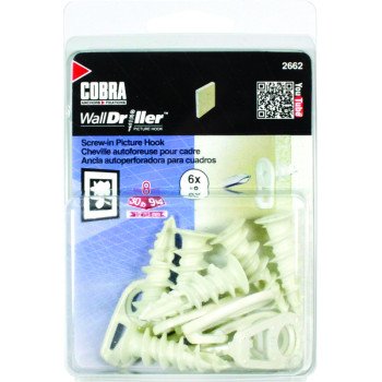 Cobra Anchors 2662 Picture Hook, 30 lb, Nylon, White, #8 Opening