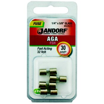 Jandorf 60623 Fast Acting Fuse, 0.002 Ohm, 30 A, 32 V, 1 kA Interrupt, Glass Body, 5/8 in Length