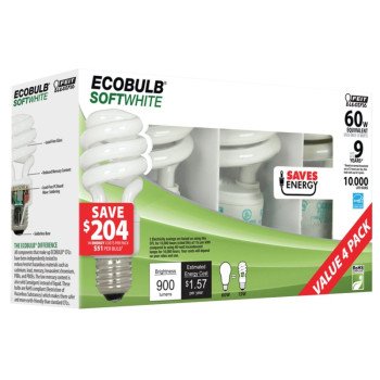 Feit Electric ESL13T/4 Compact Fluorescent Bulb, 13 W, Spiral Lamp, Medium E26 Lamp Base, 900 Lumens, 2700 K Color Temp