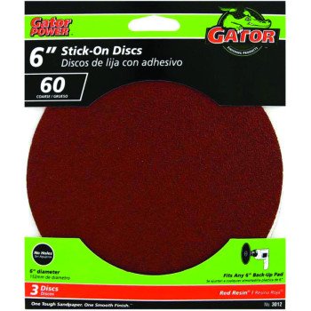 Gator 3012 Sanding Disc, 6 in Dia, 60 Grit, Coarse, Aluminum Oxide Abrasive, Pressure-Sensitive Adhesive Backing