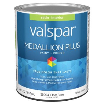 Valspar Medallion Plus 2300 028.0023004.005 Latex Paint, Acrylic Base, Satin Sheen, Clear Base, 1 qt, Plastic Can