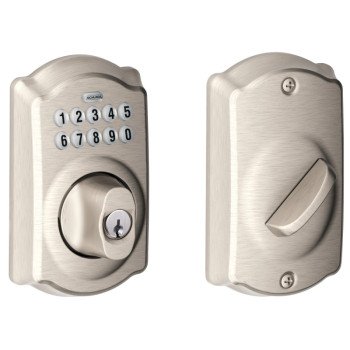 Schlage BE365VCAM619 Electronic Deadbolt, Satin Nickel, Residential, 1 Grade, Metal, Turn Piece Interior Handle