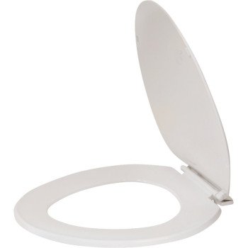 ProSource KJ-873A1-WH Toilet Seat, Elongated, Plastic, White, Plastic Hinge