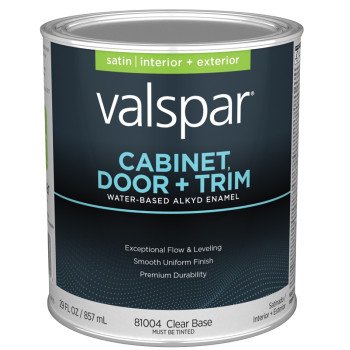 Valspar 8100 028.0081004.005 Cabinet, Door and Trim Paint Enamel, Water Base, Satin Sheen, Clear Base, 1 qt