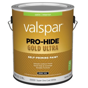 Valspar Pro-Hide Gold Ultra 6300 028.0063000.007 Latex Paint, Acrylic Base, Satin, Super One Coat White, 1 gal