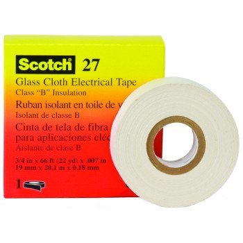 Scotch 27 Electrical Tape, 66 ft L, 1/2 in W, Cloth Backing, White