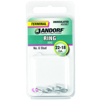 Jandorf 60967 Ring Terminal, 22 to 18 AWG Wire, #6 Stud, Copper Contact, 5/PK