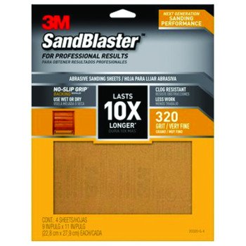 3M SandBlaster Series 20320-G-4 Sandpaper, 11 in L, 9 in W, 320 Grit, Very Fine, Aluminum Oxide Abrasive