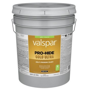 Valspar Pro-Hide Gold Ultra 6300 028.0063000.008 Latex Paint, Acrylic Base, Satin, Super One Coat White, 5 gal