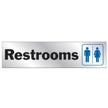 Hy-Ko 488 Sign, Restrooms, Silver Background, Vinyl, 2 x 8 in Dimensions