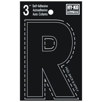 Hy-Ko 30400 Series 30428 Die-Cut Letter, Character: R, 3 in H Character, Black Character, Vinyl