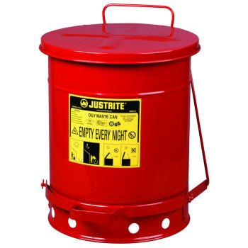 Justrite 09300 Oily Waste Can, 10 gal Can, Steel, Red, Foot-Operated Self-Closing, 13.938 in Dia, 18-1/4 in H