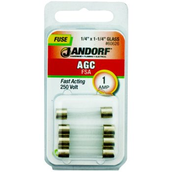 Jandorf 60626 Fast Acting Fuse, 0.19 Ohm, 1 A, 250 V, 35 A, 10 kA Interrupt, Glass Body