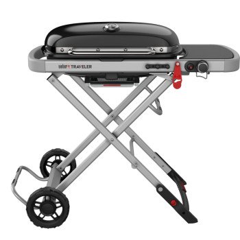 Weber Traveler 9010001 Portable Gas Grill, 13,000 Btu/hr, Liquid Propane, 1-Burner, Side Shelf Included: Yes