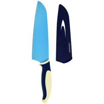 Starfrit 0938960060000 Santoku Knife, 7 in L Blade, Stainless Steel Blade, Navy Blue/White Handle