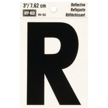 Hy-Ko RV-50/R Reflective Letter, Character: R, 3 in H Character, Black Character, Silver Background, Vinyl