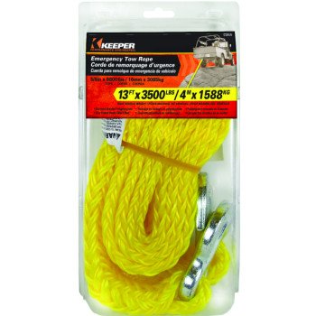 Keeper 02855 Tow Rope, 5/8 in Dia, 13 ft L, Hook End, 6800 Working Load, Polypropylene