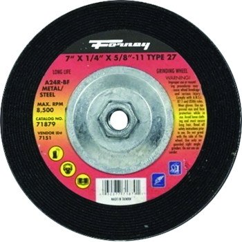 Forney 71879 Grinding Wheel, 7 in Dia, 1/4 in Thick, 5/8-11 in Arbor, 24 Grit, Coarse, Aluminum Oxide Abrasive