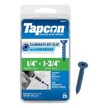 Tapcon 24275 Concrete Screw Anchor, 1/4 in Dia, 1-3/4 in L, Steel, Climaseal