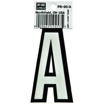 Hy-Ko PS-20/A Reflective Letter, Character: A, 3-1/4 in H Character, Black/White Character, Vinyl