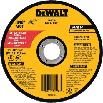 DEWALT DW8725 Cutting Wheel, 6 in Dia, 0.04 in Thick, 7/8 in Arbor, Very Fine, Aluminum Oxide Abrasive