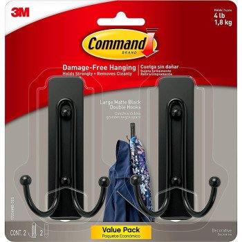 Command 17036MB-2ES Large Decorative Hook, 4 lb, 2-Hook, Metal/Plastic, Matte Black