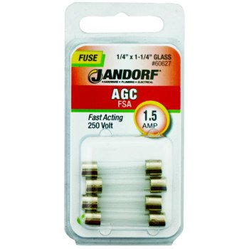 Jandorf 60627 Fast Acting Fuse, 0.11 Ohm, 1.5 A, 250 V, 100 A, 10 kA Interrupt, Glass Body