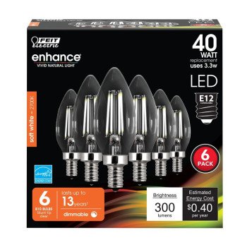 Feit Electric CTC40/927CA/FIL/6 LED Bulb, Decorative, B10 Lamp, 40 W Equivalent, E12 Lamp Base, Dimmable, Clear, 6/PK