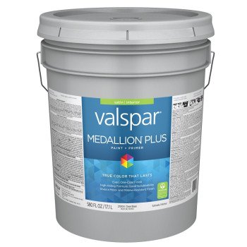 Valspar Medallion Plus 2300 028.0023004.008 Latex Paint, Acrylic Base, Satin Sheen, Clear Base, 5 gal, Plastic Pail