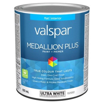 Medallion Plus 029.1021002.005 Interior Paint and Primer, Acrylic, Flat, Ultra White, 1 qt, 37 sq-m Coverage Area