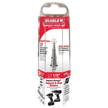 Diablo DSD0500S13 Step Drill Bit, 1/4 to 1/2 in Dia, 3-1/32 in OAL, Dual Flute, 1/4 in Dia Shank, Hex Shank