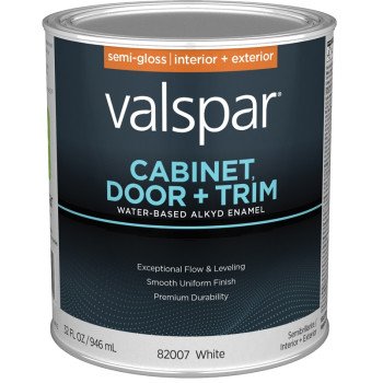 Valspar 8200 028.0082007.005 Cabinet, Door and Trim Paint Enamel, Water Base, Semi-Gloss Sheen, White Base, 1 qt