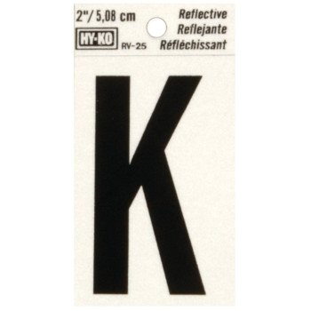 Hy-Ko RV-25/K Reflective Letter, Character: K, 2 in H Character, Black Character, Silver Background, Vinyl