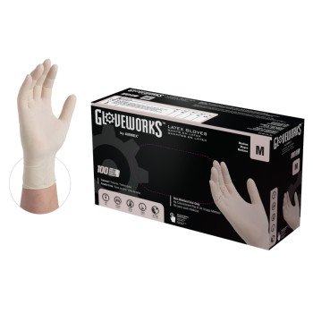 Gloveworks TLF44100 Disposable Gloves, M, Latex, Powder-Free, Ivory, 14.37 in L