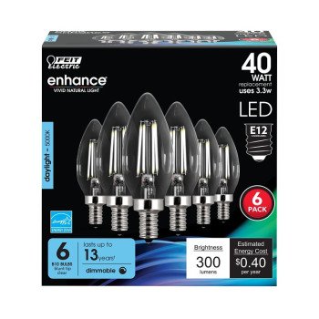 Feit Electric CTC40/950CA/FIL/6 LED Bulb, Decorative, B10 Lamp, 40 W Equivalent, E12 Lamp Base, Dimmable, Clear, 6/PK