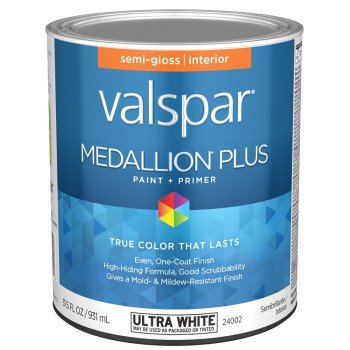 Valspar Medallion Plus 2700 028.0024002.005 Latex Paint, Acrylic Base, Semi-Gloss Sheen, Ultra White Base, 1 qt