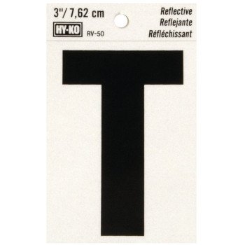 Hy-Ko RV-50/T Reflective Letter, Character: T, 3 in H Character, Black Character, Silver Background, Vinyl