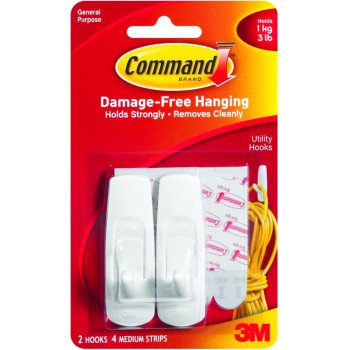 Command 17001 Utility Hook, 3 lb, 2-Hook, Plastic, White