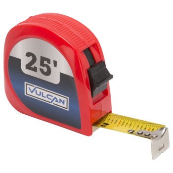 Vulcan 62-7.5X25-R Rule Tape, 25 ft L Blade, 1 in W Blade, Steel Blade, ABS Plastic Case, Red Case