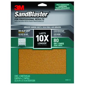 3M SandBlaster Series 20080-G-4 Sandpaper, 11 in L, 9 in W, 80 Grit, Coarse, Aluminum Oxide Abrasive