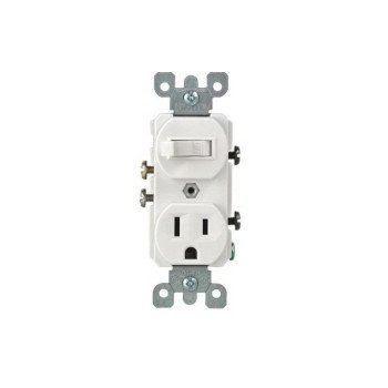 Leviton R62-T5225-0WS Duplex Combination Switch/Receptacle, 120 V Switch, 125 V Receptacle, 1-Pole, 14 to 12 AWG