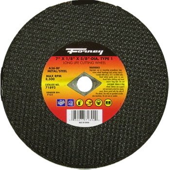 Forney 71892 Cut-Off Wheel, 7 in Dia, 1/8 in Thick, 5/8 in Arbor, 24 Grit, Coarse, Aluminum Oxide Abrasive