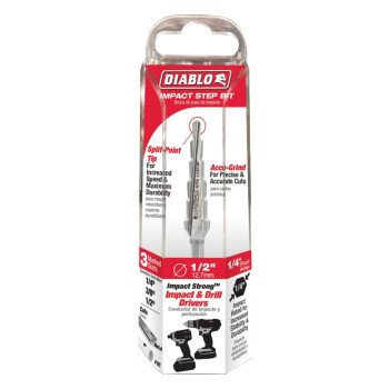 Diablo DSD0500S06 Step Drill Bit, 1/4 to 1/2 in Dia, 3-3/8 in OAL, Dual Flute, 1/4 in Dia Shank, Hex Shank