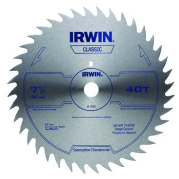 Irwin 11140 Circular Saw Blade, 7-1/4 in Dia, 5/8 in Arbor, 40-Teeth, Steel Cutting Edge, Applicable Materials: Wood