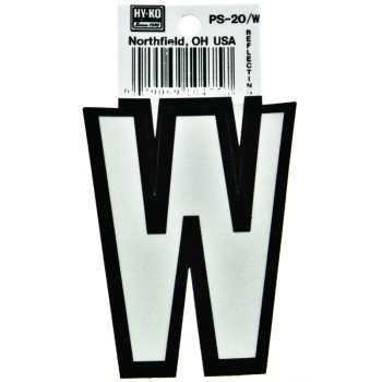 Hy-Ko PS-20/W Reflective Letter, Character: W, 3-1/4 in H Character, Black/White Character, Vinyl